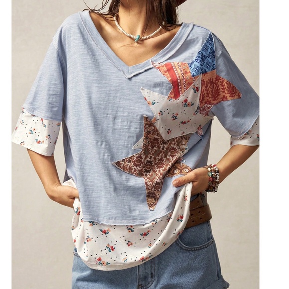 Boho Floral Print Star Patch Reverse Stitch Oversized Top - Picture 4 of 6
